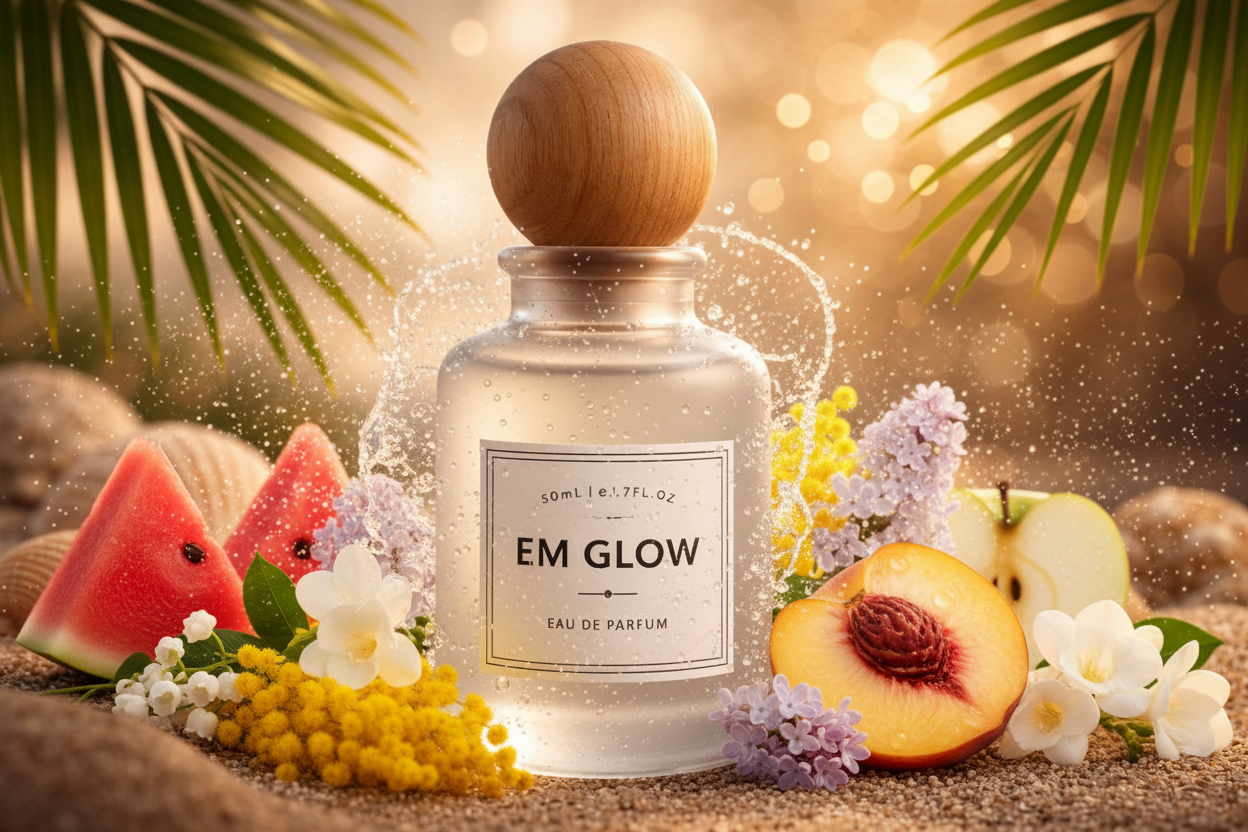 Blooming pink and gold perfume bottle of Bloograna Perfumes' EM GLOW perfume on a sleek surface.