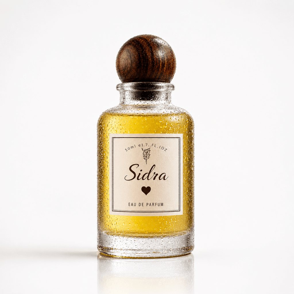 Sidra perfume bottle by Bloograna Perfumes with elegant glass design and floral accents, showcasing a luxurious fragrance.
