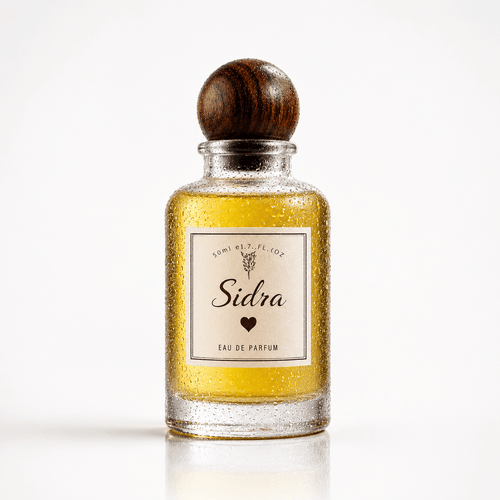 Sidra perfume bottle by Bloograna Perfumes with elegant glass design and floral accents, showcasing a luxurious fragrance.