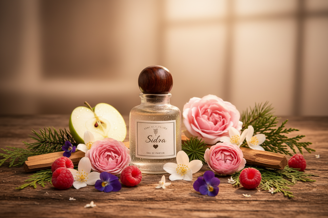 Sidra Perfume by Bloograna Perfumes featuring a sleek glass bottle with a gold cap and elegant floral design.