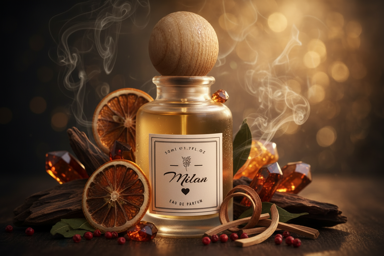 Blooming Milan perfume by Bloograna Perfumes, elegant glass bottle with floral and citrus notes for a sophisticated fragrance.