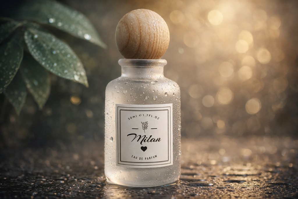 Milan perfume by Bloograna Perfumes, elegant glass bottle with floral and citrus notes, displayed on a neutral background.