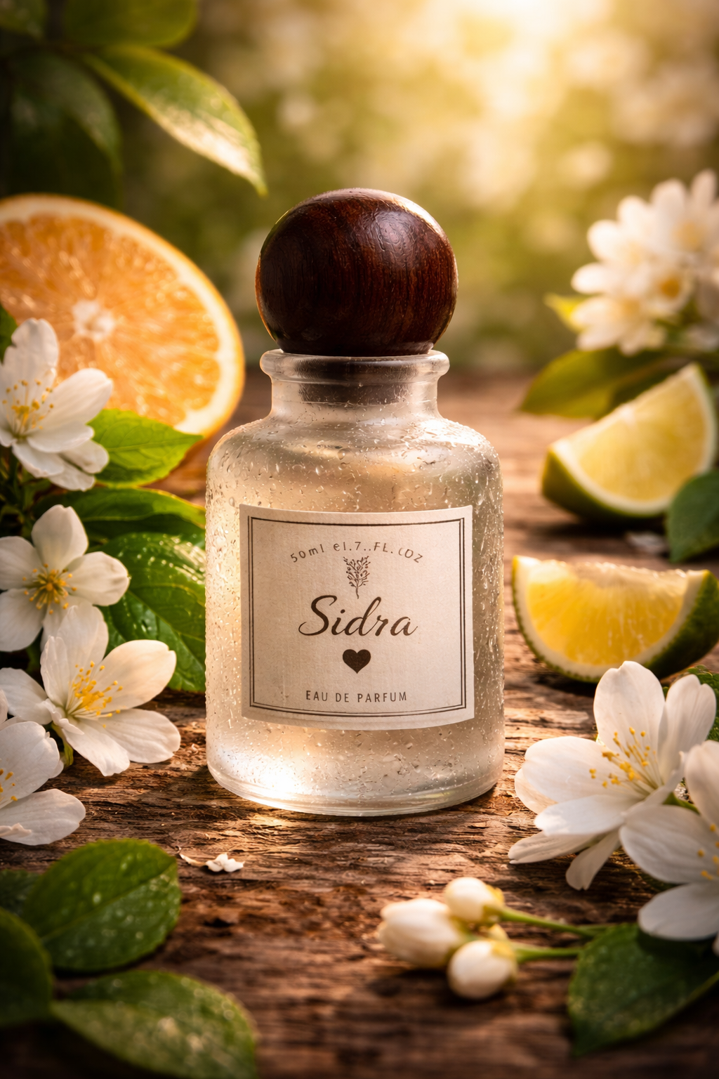 Sidra perfume bottle by Bloograna Perfumes with elegant glass design and floral accents, showcasing a luxurious fragrance.