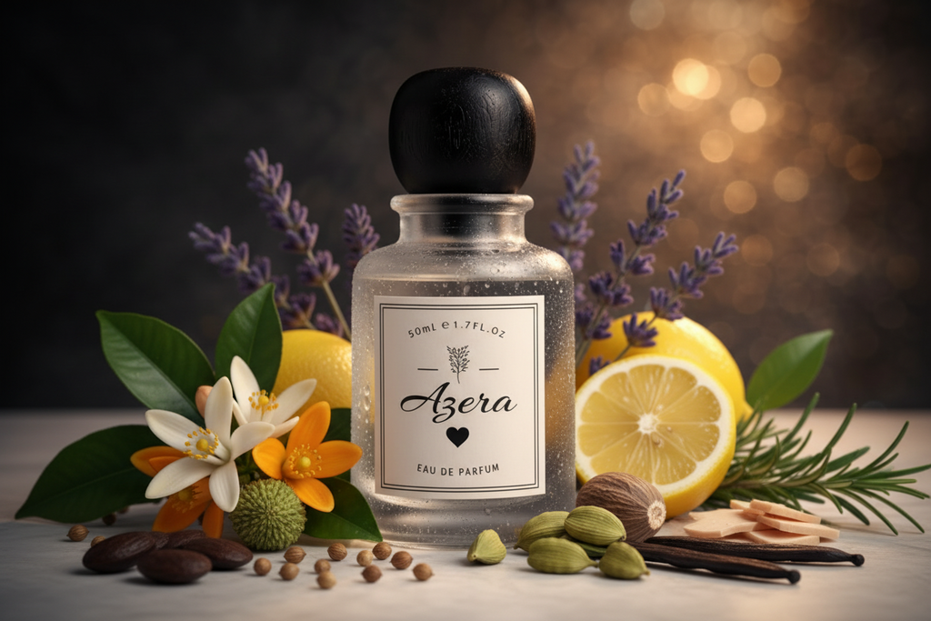 Bloograna Perfumes Azera perfume bottle with elegant design and floral accents, showcasing luxurious fragrance packaging.