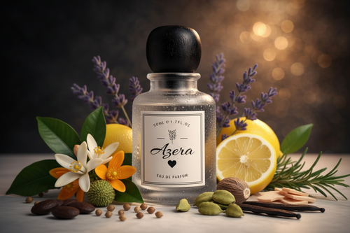 Bloograna Perfumes Azera perfume bottle with elegant design and floral accents, showcasing luxurious fragrance packaging.
